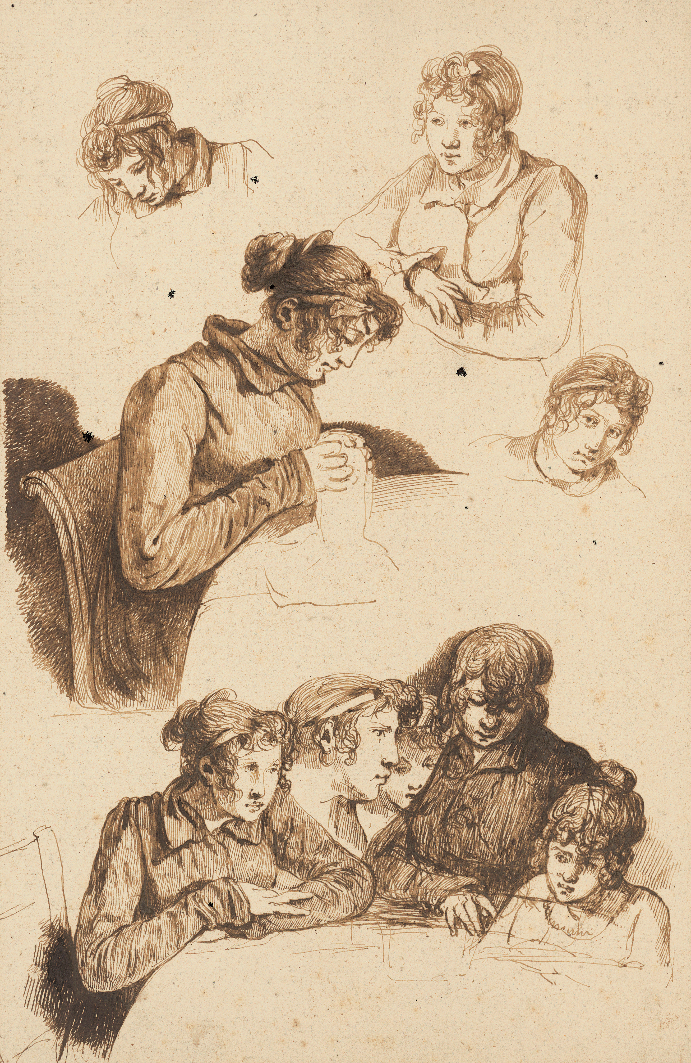 41 Vivant Denon drawing Study sheet with a woman sewing and head studies of girls and young women